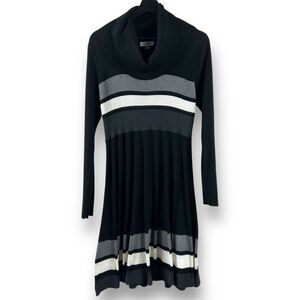 Calvin Klein Women's L Cowl Neck Ribbed Knit Sweater Dress Black Gray Stripe‎